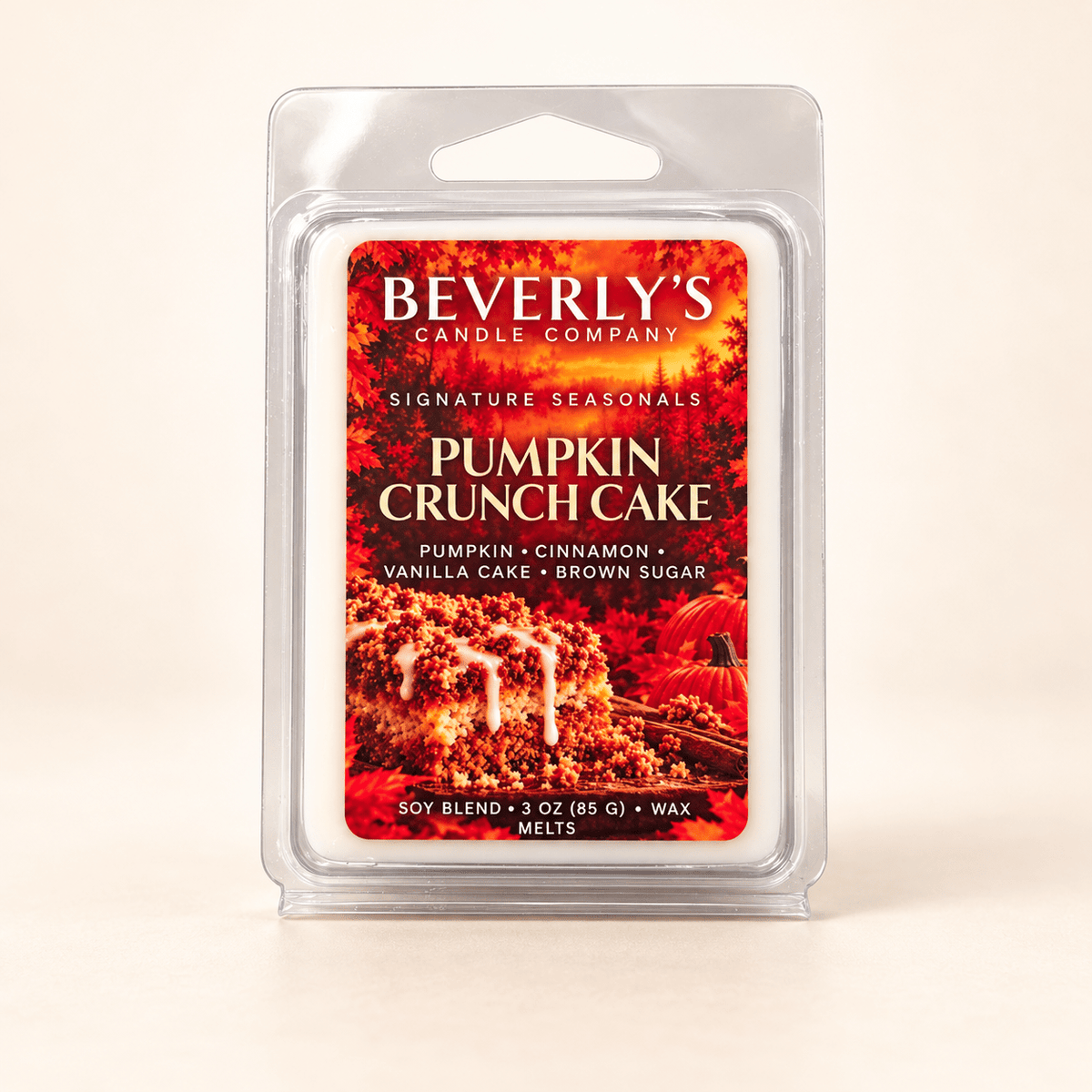 Pumpkin Crunch Cake Wax Melts 3 oz, clamshell pack alone against a plain cream background