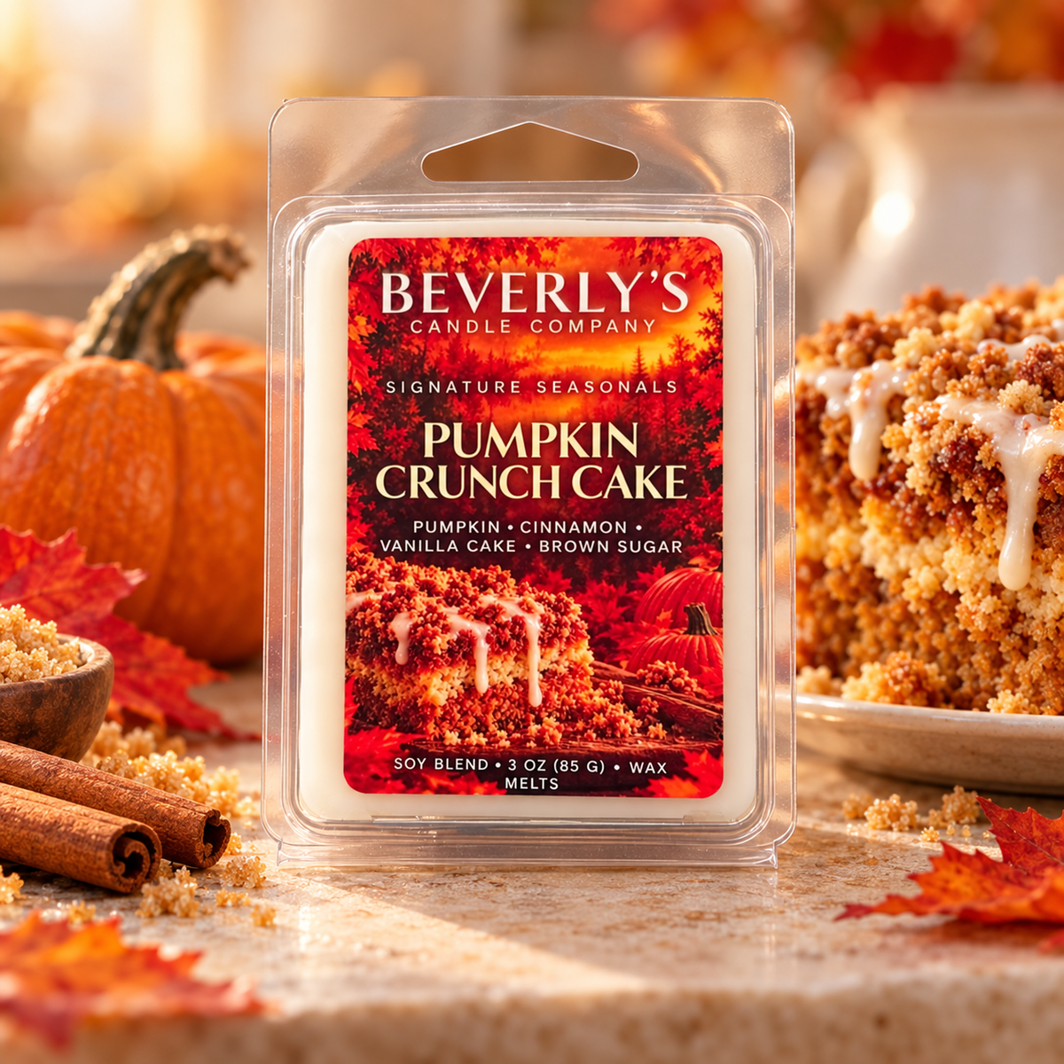 Pumpkin Crunch Cake Wax Melts 3 oz, clamshell pack standing on a counter with a pumpkin, a slice of crumb cake, cinnamon sticks and fall leaves