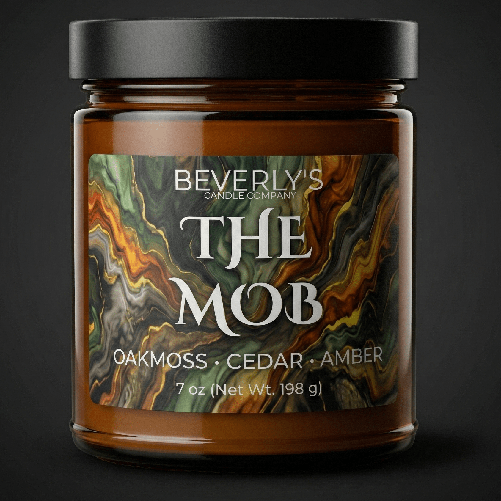 The Mob men's luxury candle with clean musk and amber in black jar
