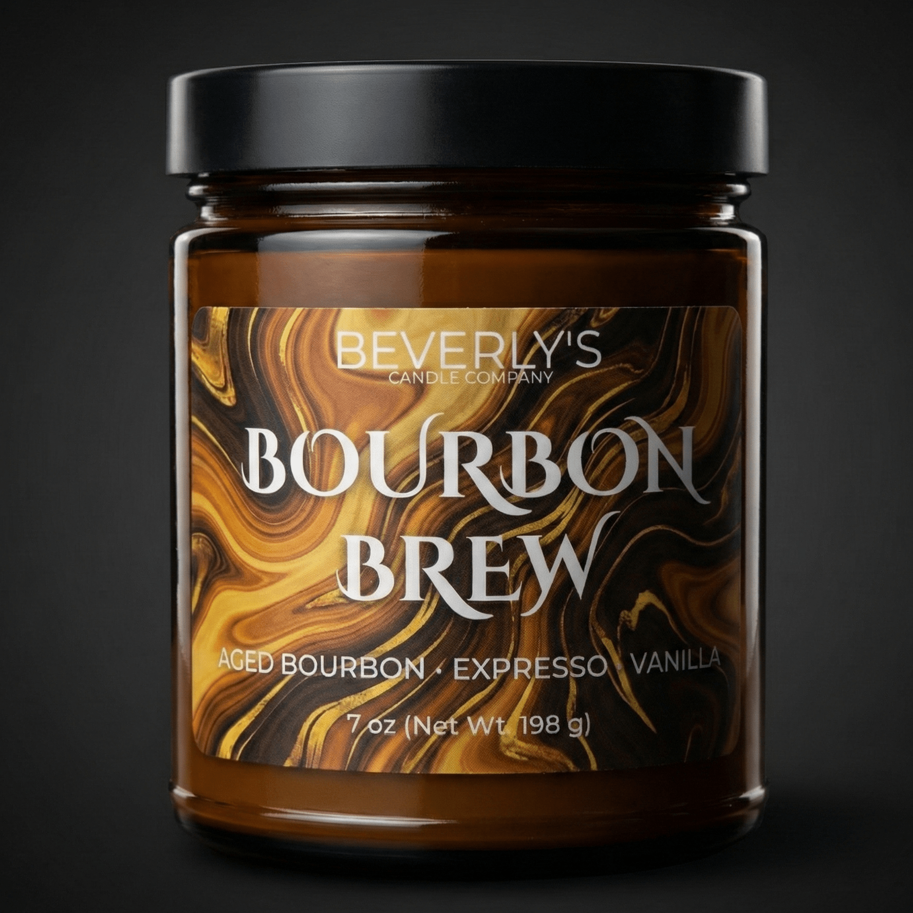 Bourbon Brew men's luxury candle with coffee bourbon and vanilla in black jar
