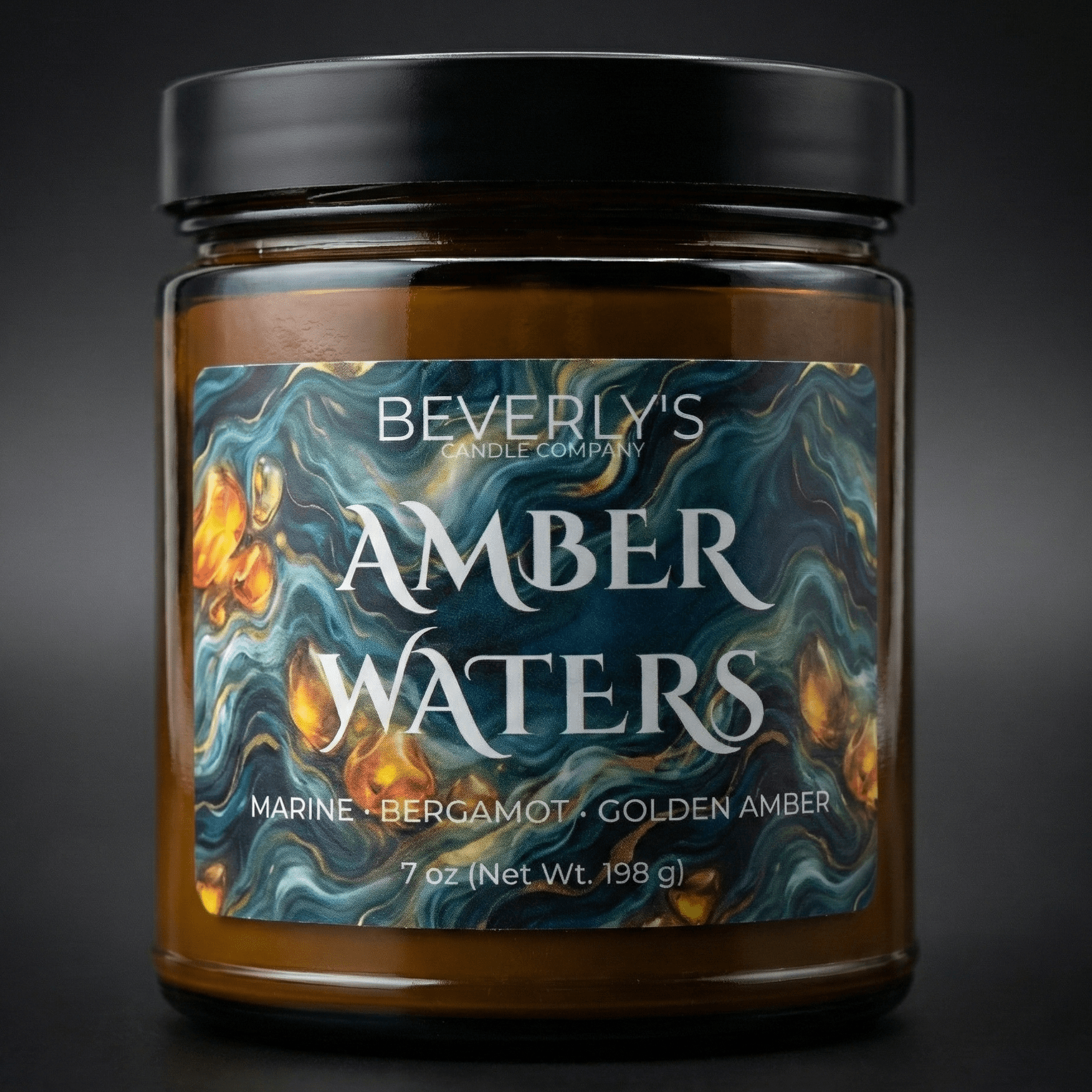 Amber Waters men's luxury candle with grapefruit marine and golden amber in black jar
