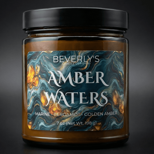 Amber Waters men's luxury candle with grapefruit marine and golden amber in black jar
