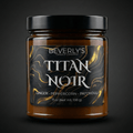 Beverly's Candle Company Titan Noir candle jar on a dark background