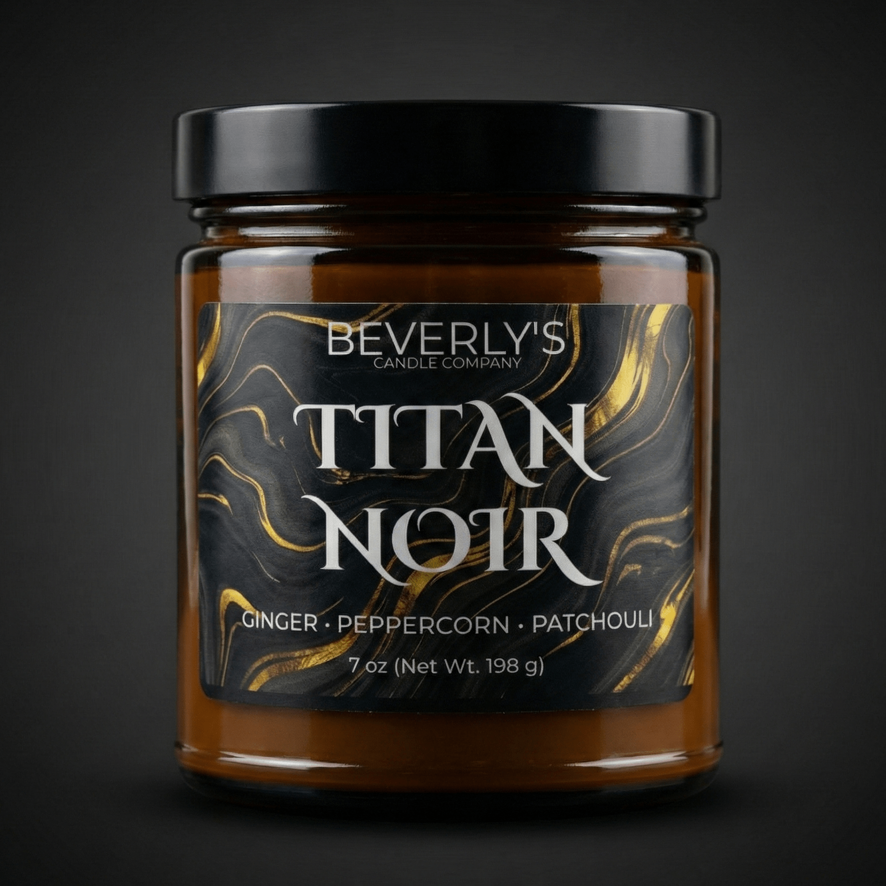 Beverly's Candle Company Titan Noir candle jar on a dark background