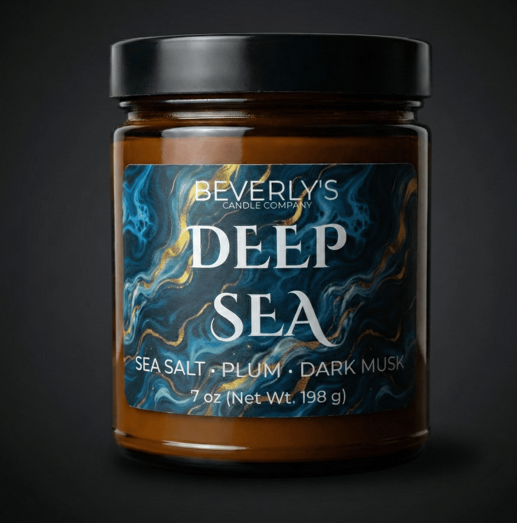 Deep Sea Men's Candle – marine driftwood and dark musk in black jar by Beverly's Candle Company