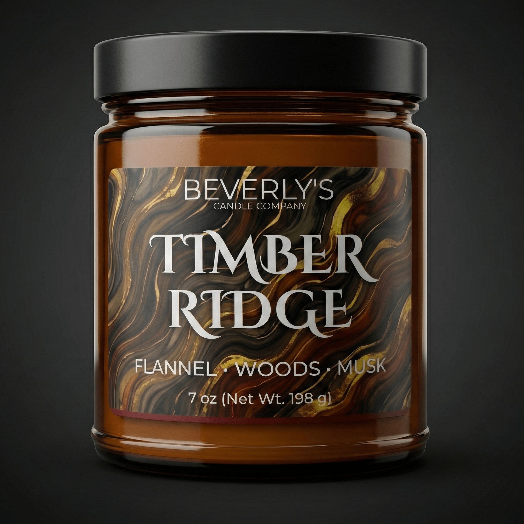 Timber Ridge men's luxury candle with flannel woods and musk in black jar
