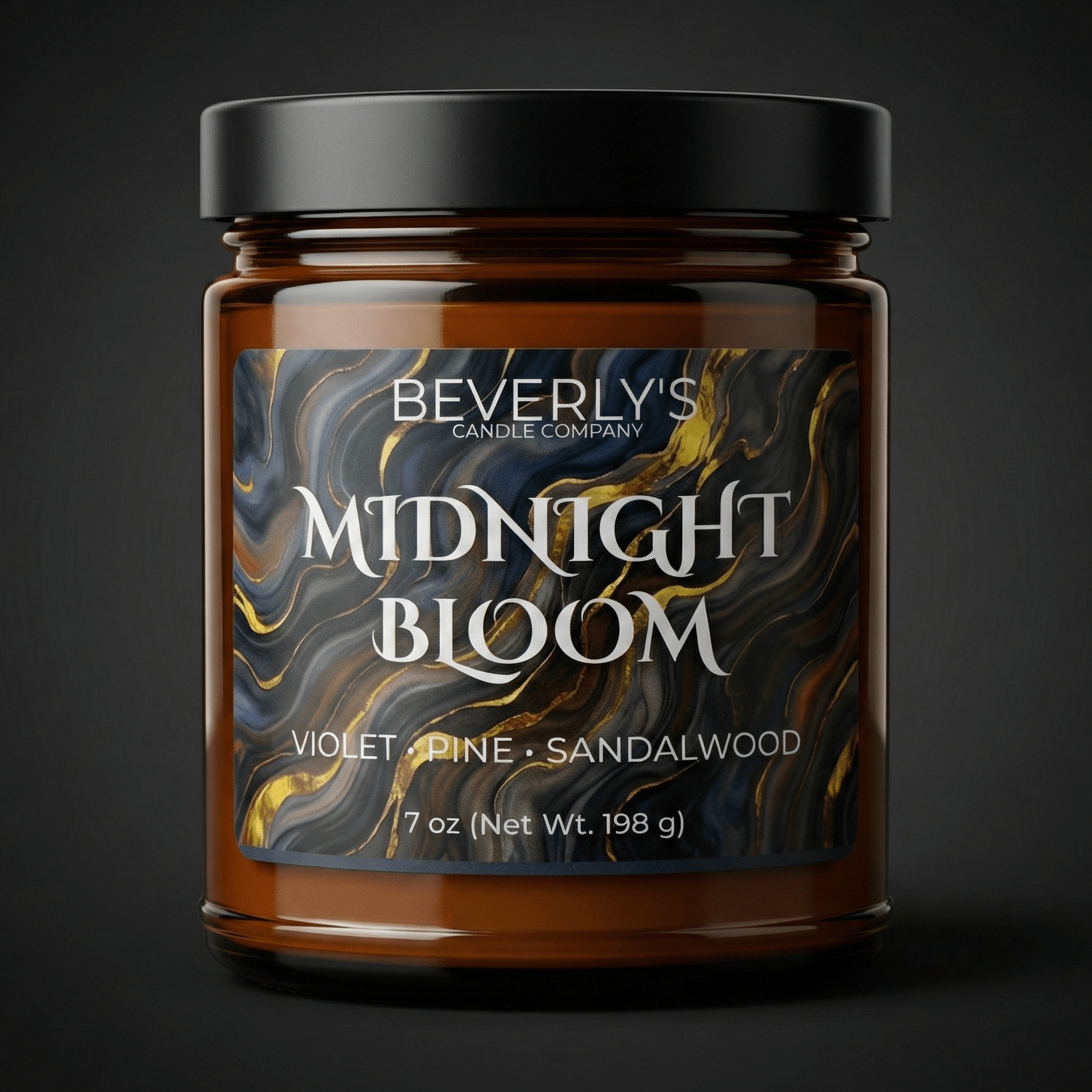 Midnight Bloom men's luxury candle with bergamot lavender and musk in black jar
