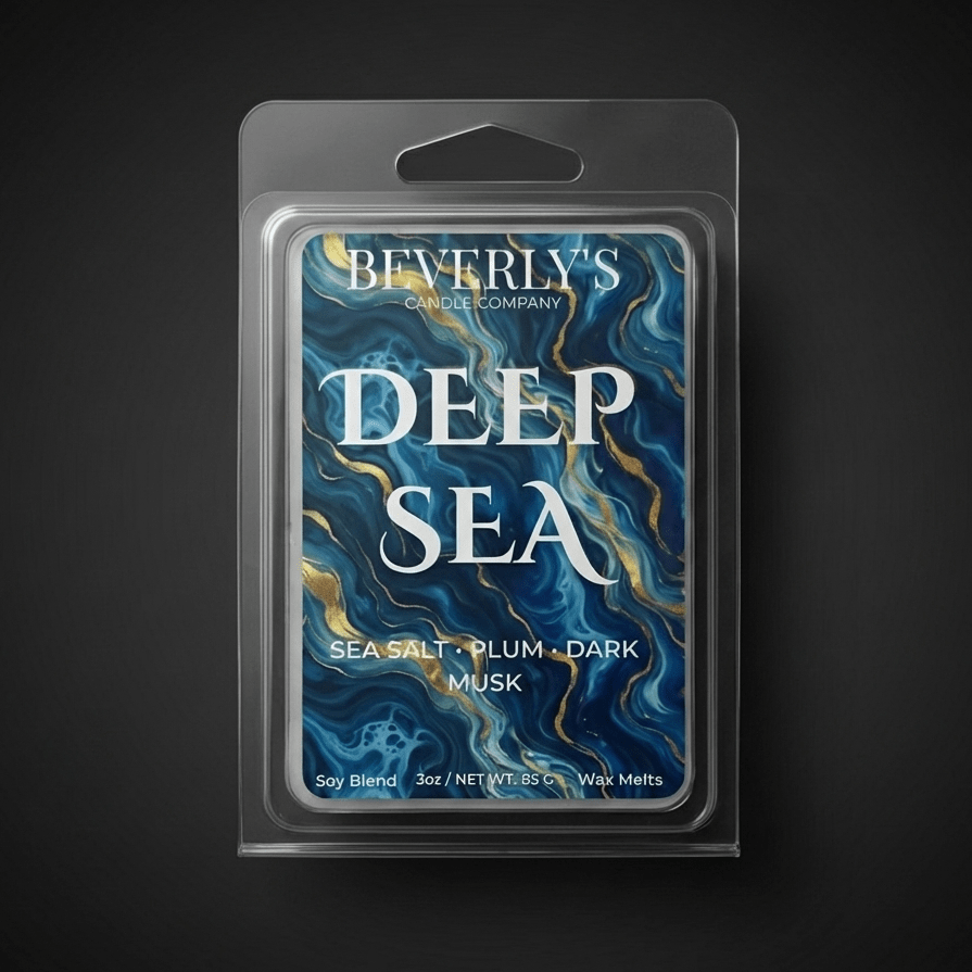 Beverly's Candle Company Deep Sea wax melt package on a dark background