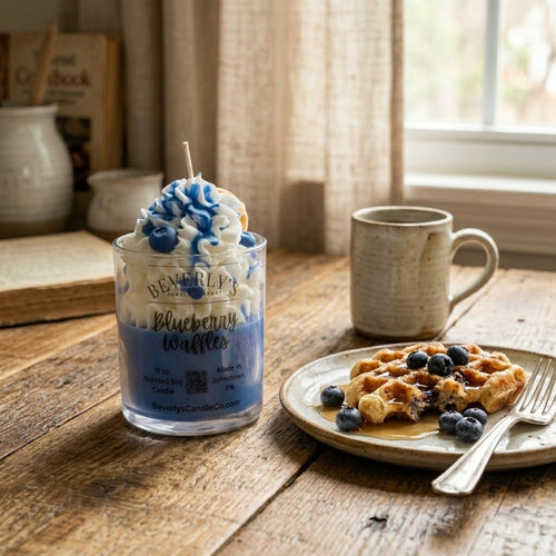 Blueberry Waffles Breakfast Candle lifestyle shot showing cozy breakfast scent by Beverly's Candle Company