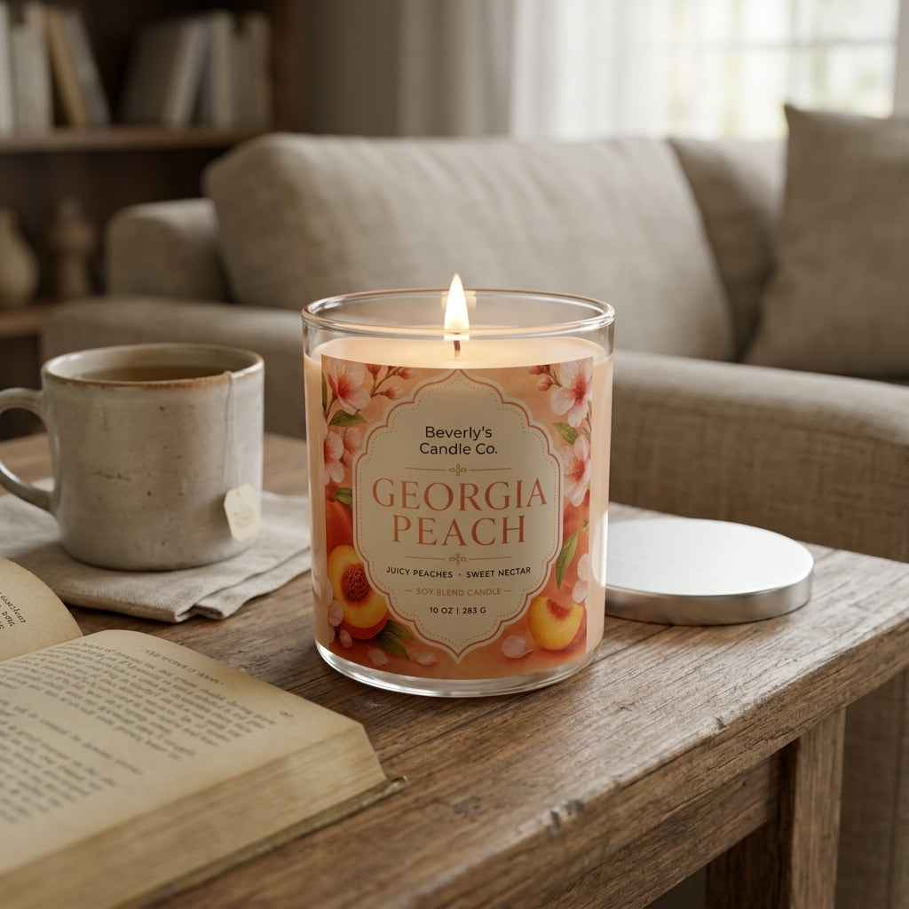 Georgia Peach Candle lifestyle shot showing juicy peach and vanilla home fragrance by Beverly's Candle Company