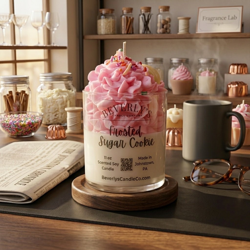 Frosted Sugar Cookie Dessert Candle lifestyle shot showing warm golden glow by Beverly's Candle Company