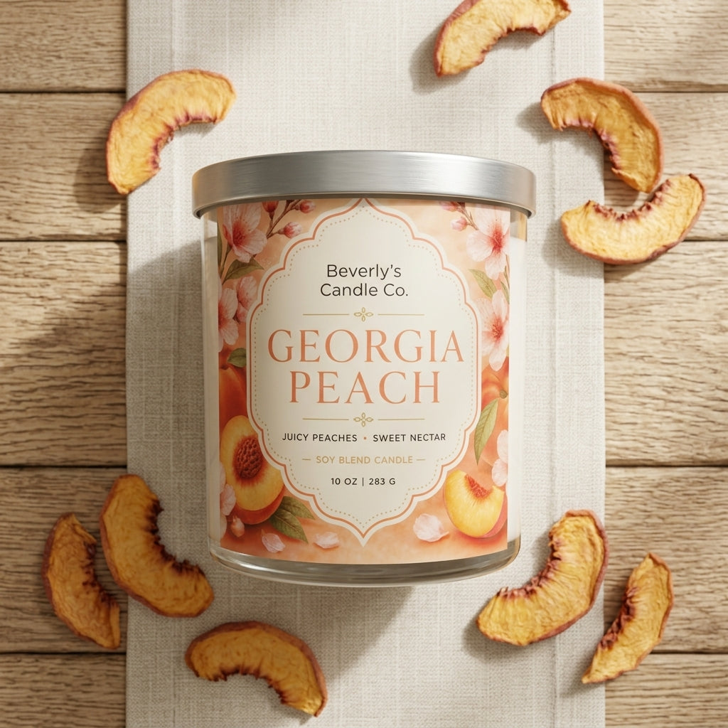 Georgia Peach Candle alternate view showing sweet summer peach scent by Beverly's Candle Company