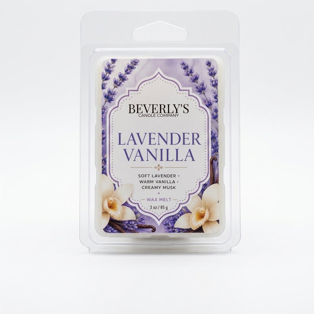 Lavender and Vanilla Wax Melts – calming floral and warm vanilla 3oz clamshell by Beverly's Candle Company