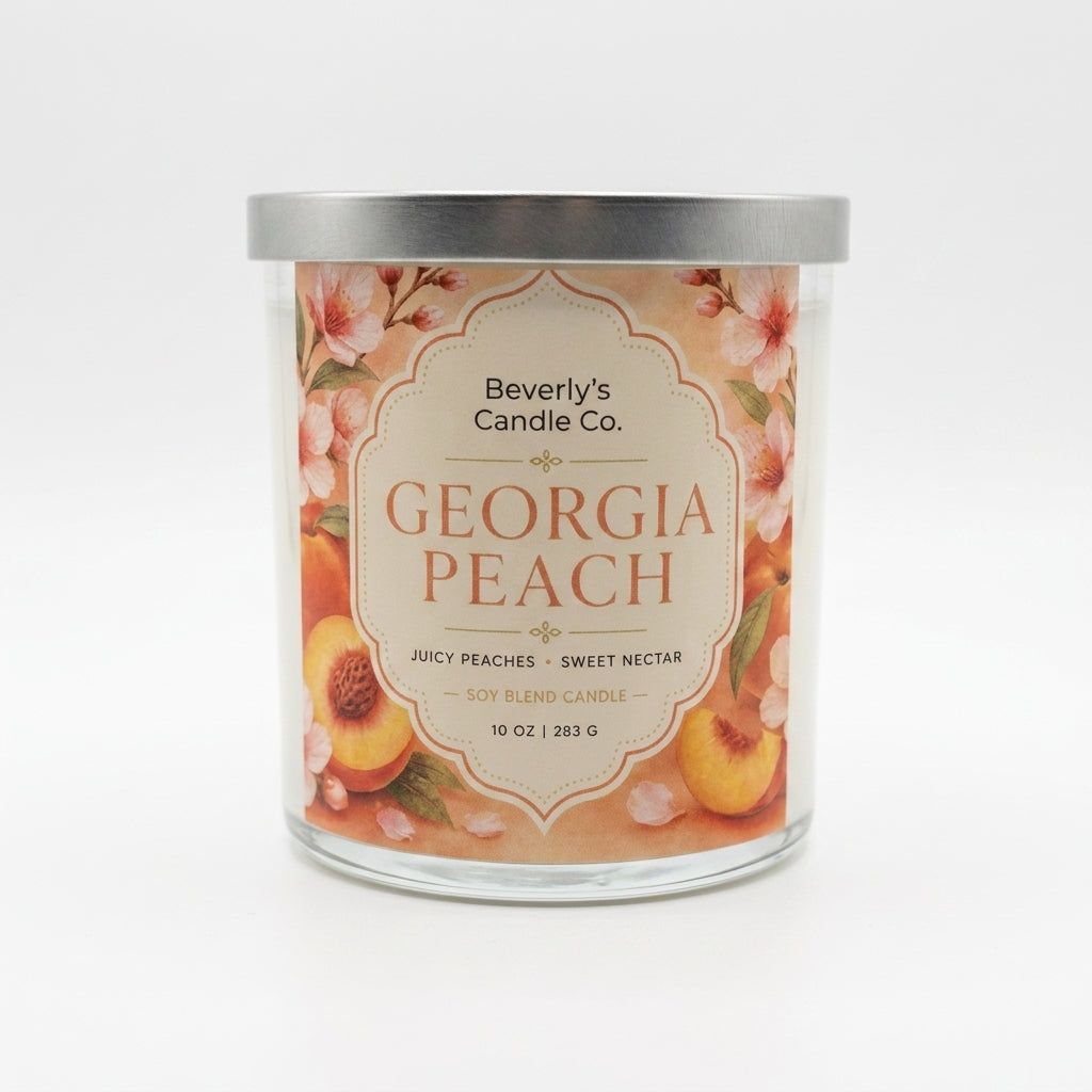 Georgia Peach Candle – juicy peach, citrus and vanilla musk 10oz hand-poured candle by Beverly's Candle Company
