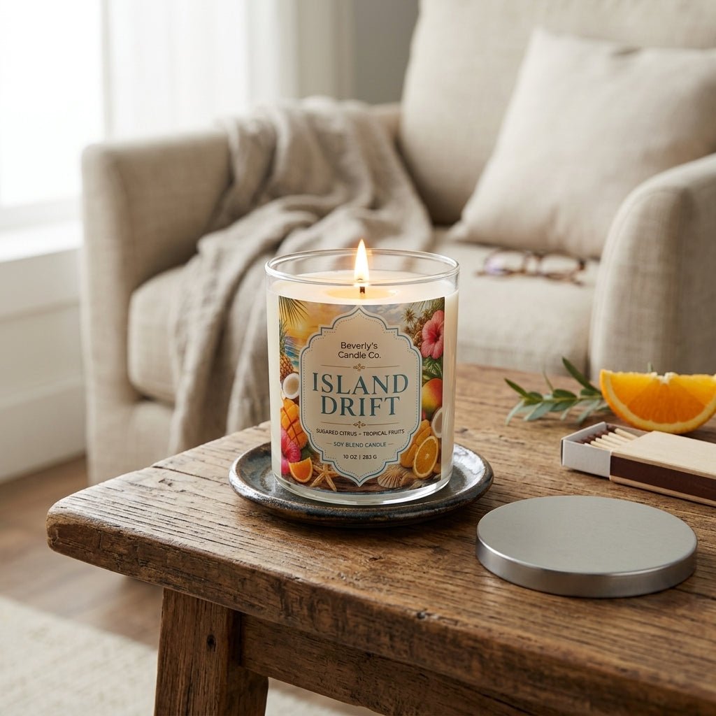 Island Drift Candle lifestyle shot showing tropical coastal scent by Beverly's Candle Company