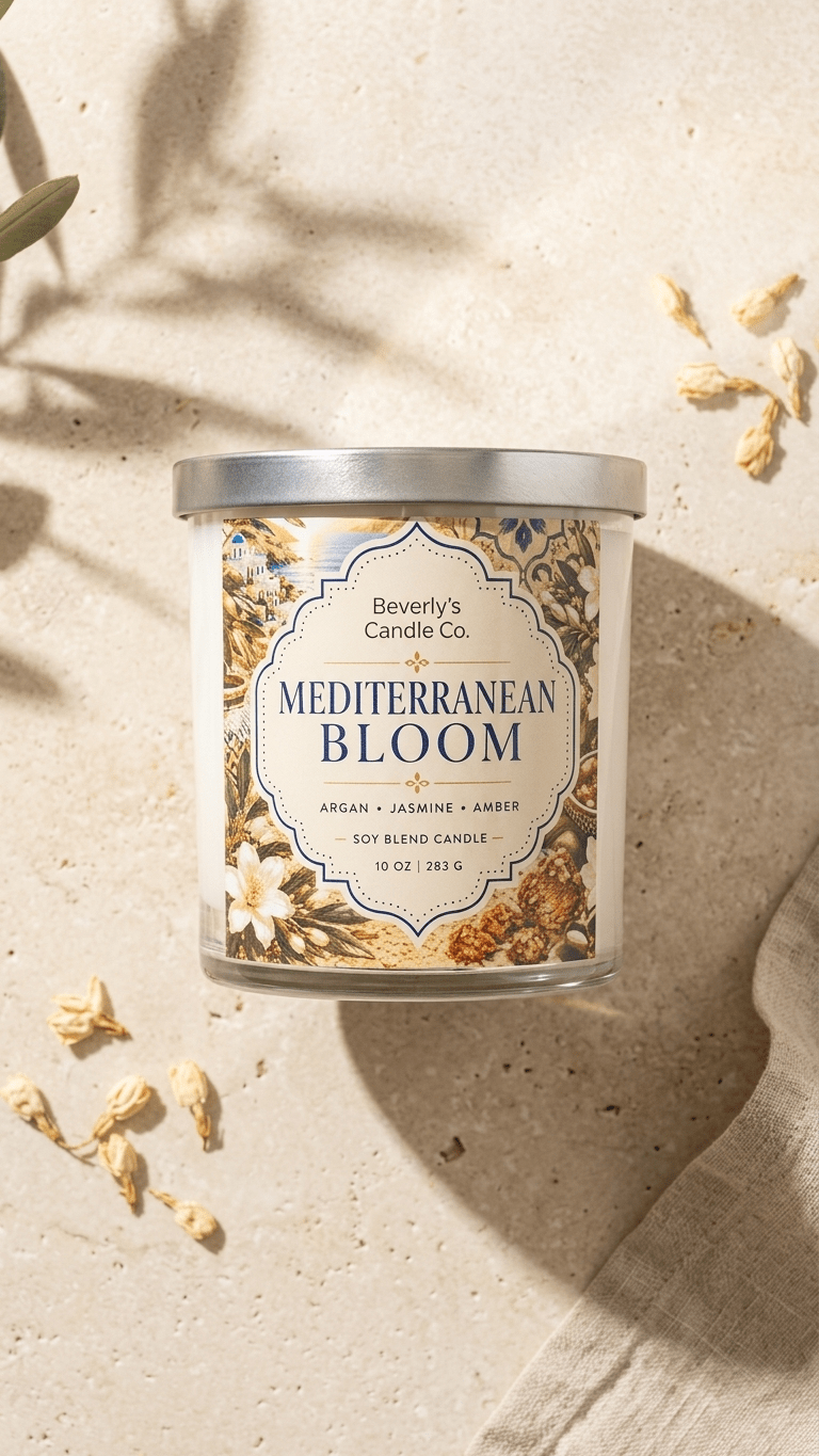 Mediterranean Bloom Candle lifestyle shot showing floral and warm amber scent by Beverly's Candle Company