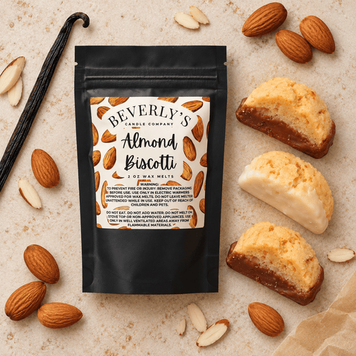 Overhead view of Almond Biscotti wax melts and packaging