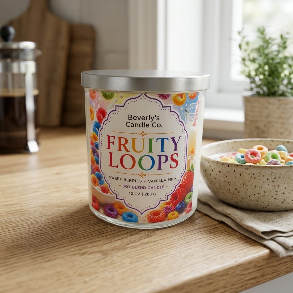 Fruity Loops Candle lifestyle shot showing fun colorful cereal scent by Beverly's Candle Company