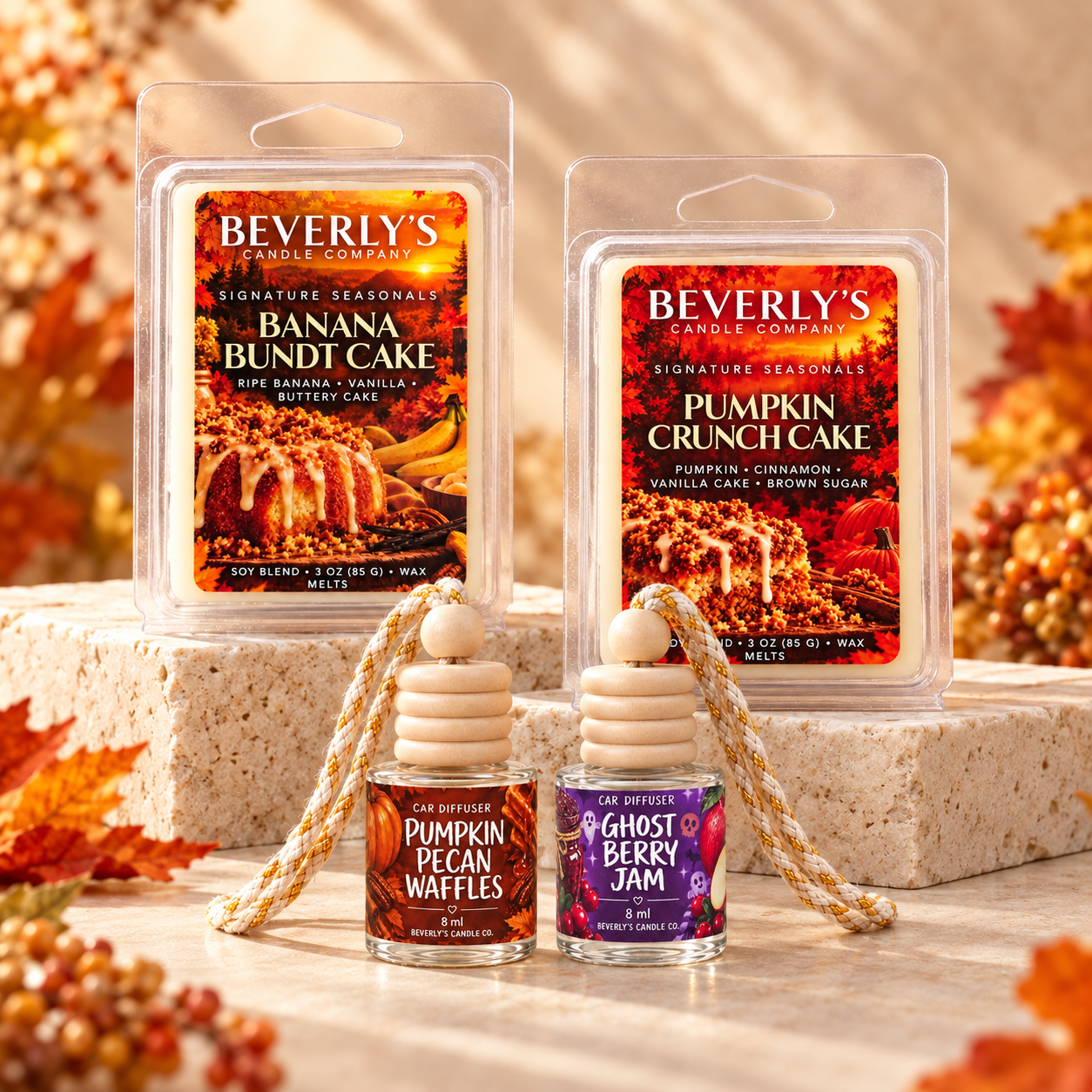 Banana Bundt Cake and Pumpkin Crunch Cake wax melts with Pumpkin Pecan Waffles and Ghost Berry Jam car diffusers by Beverly's Candle Company.