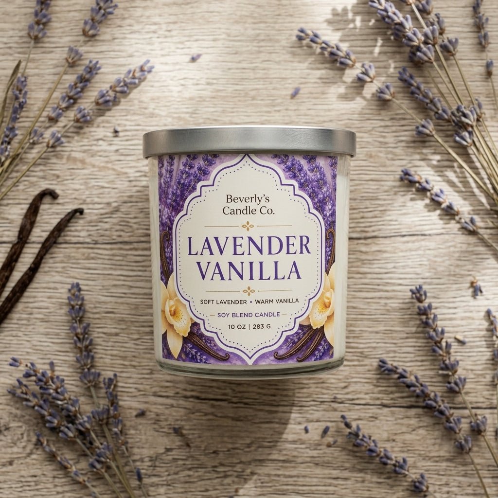 Lavender and Vanilla Candle lifestyle shot showing relaxing floral scent by Beverly's Candle Company