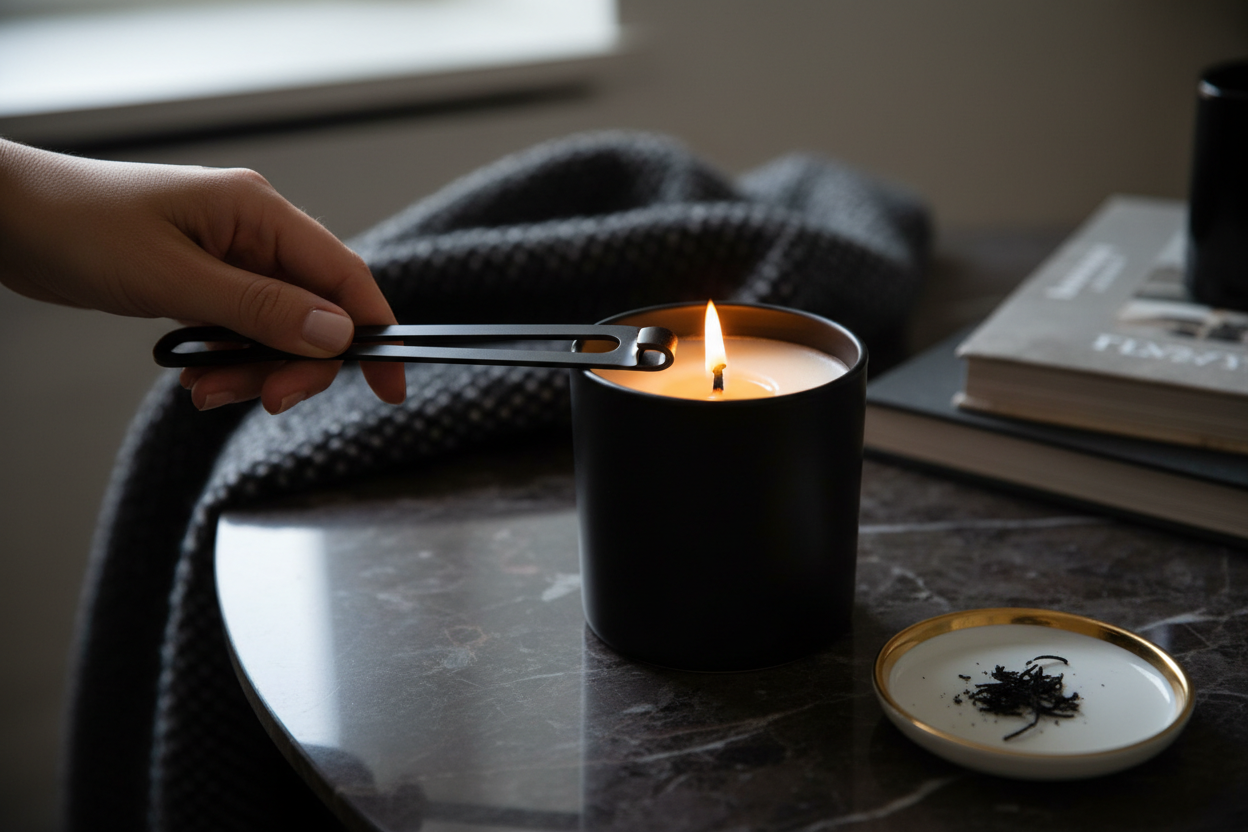 Candle care lifestyle image showing wick trimming