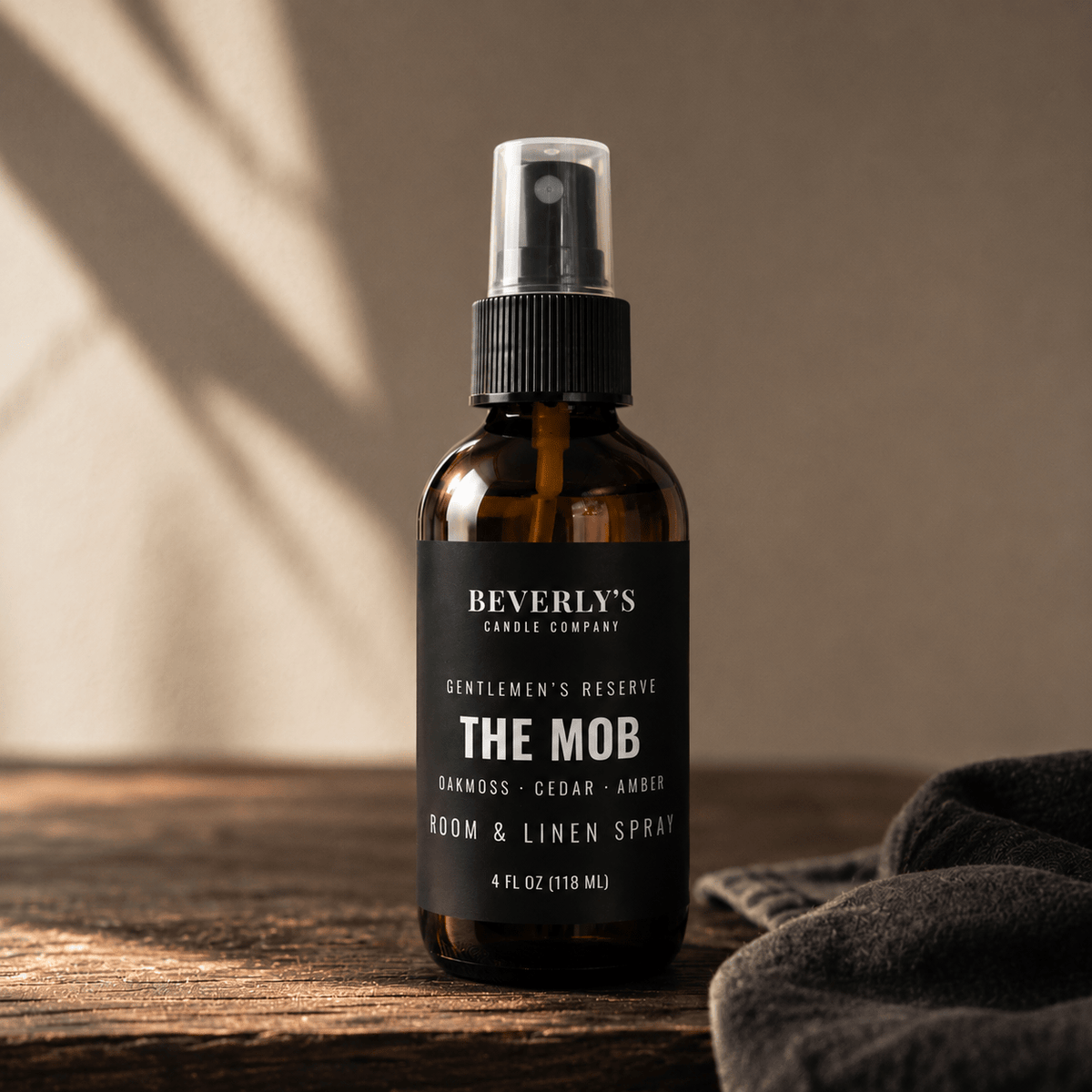 The Mob Room and Linen Spray Earthy Woods, Citrus & Amber Scent | 4oz by Beverly's Candle Company
