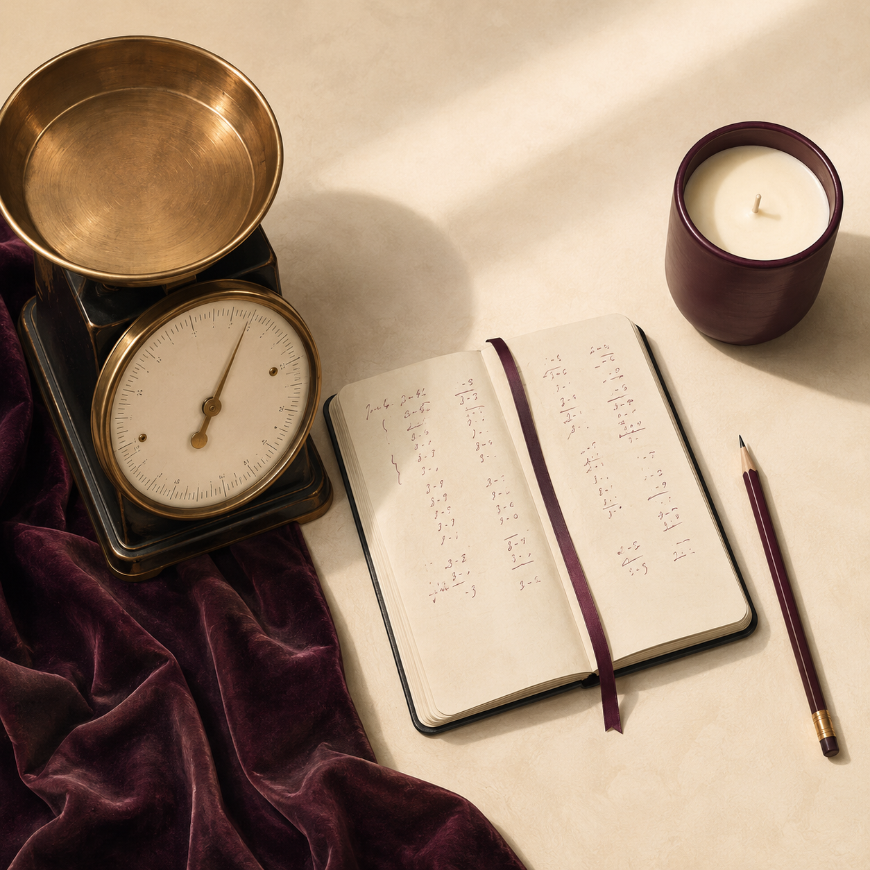 Craft Maker's Batch & Pricing Toolkit — flat lay of a vintage scale, handwritten batch-cost notebook, and candle