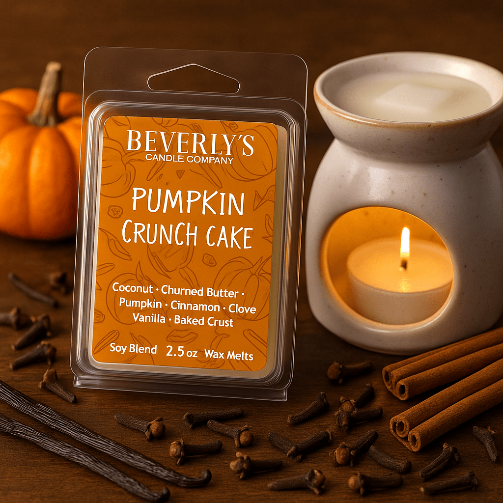 Beverly's Candle Company Pumpkin Crunch Cake wax melt package with a lit candle and autumnal elements on a wooden surface.


