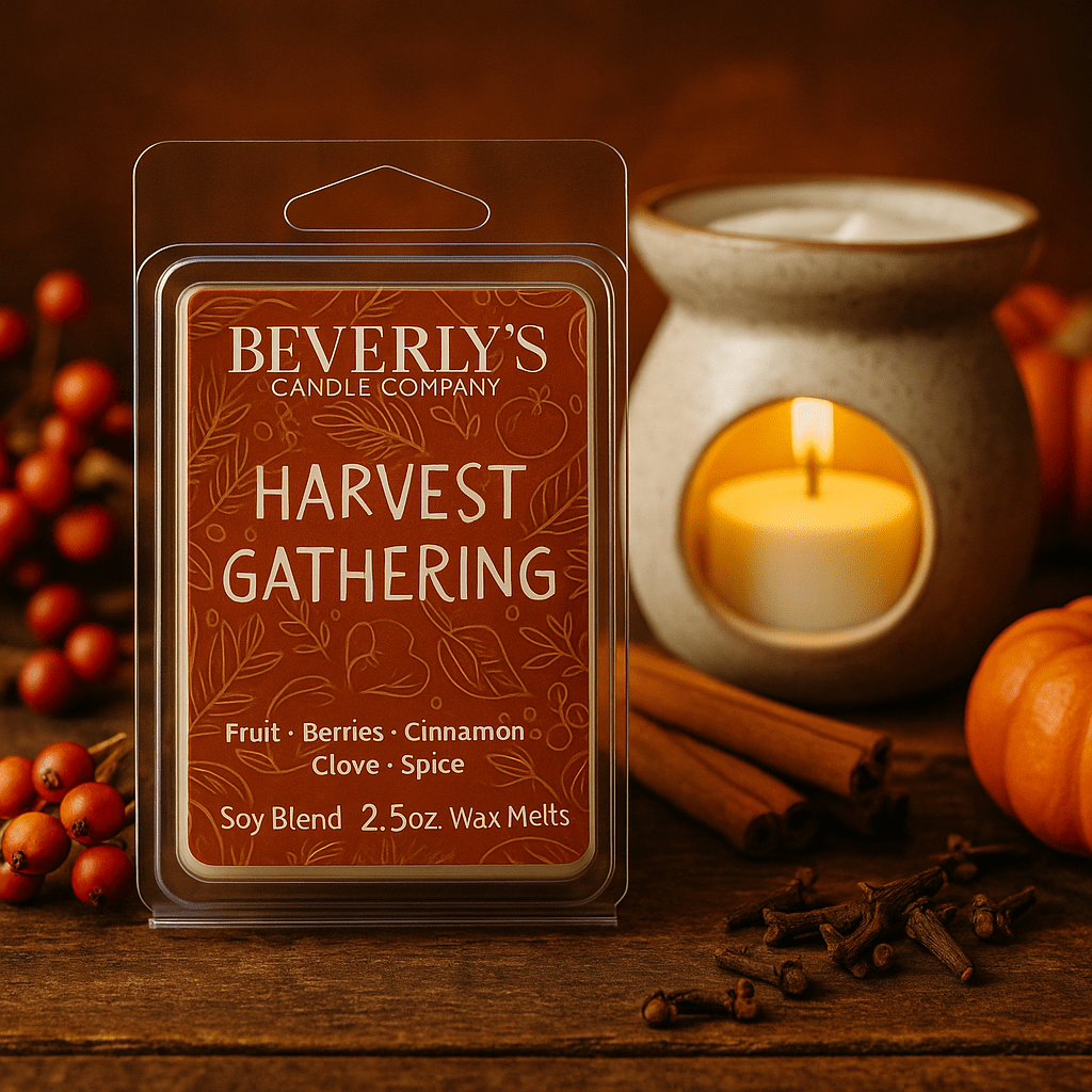 Beverly's Candle Company Harvest Gathering wax melt packaging with a lit candle and autumn elements.


