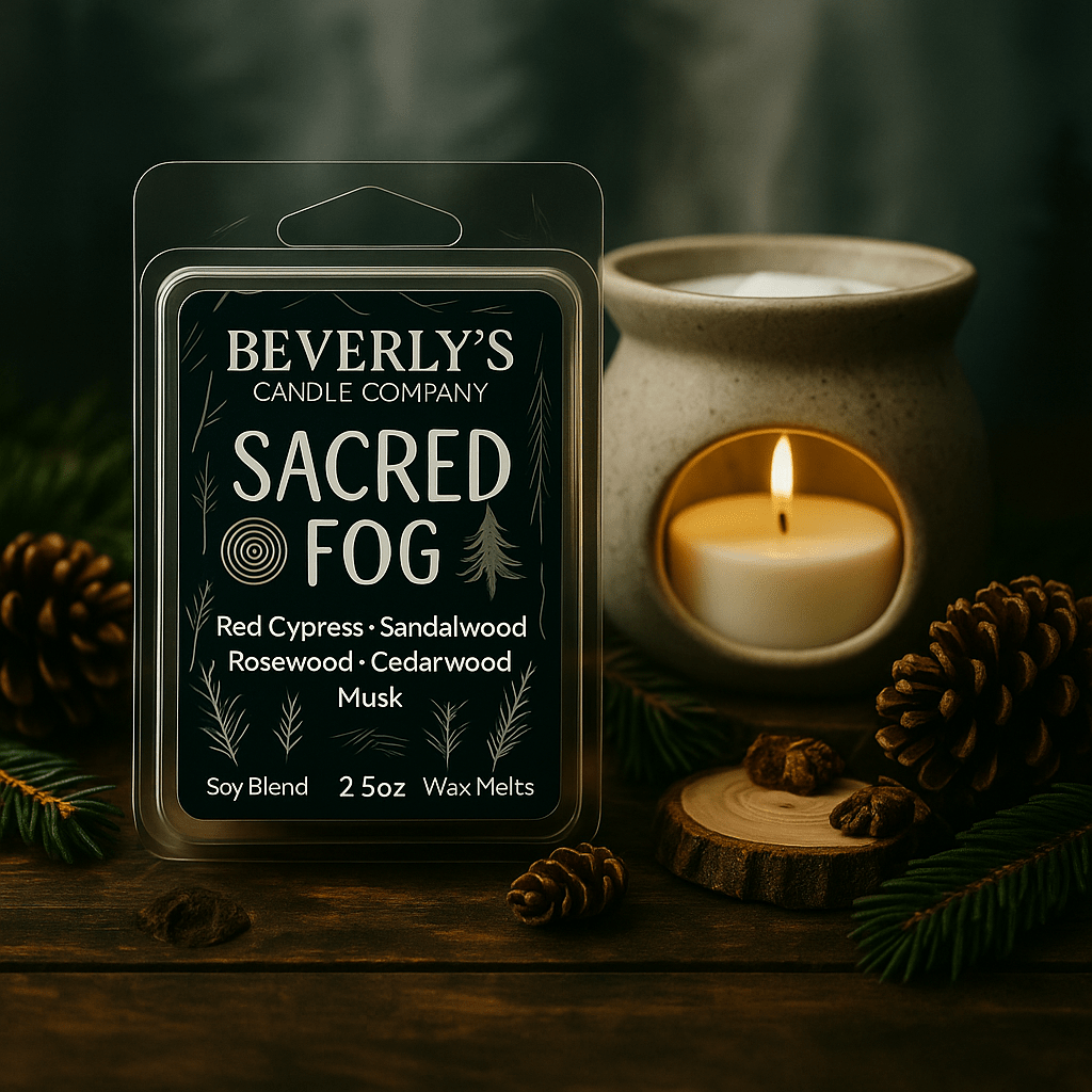 Beverly's Candle Company Sacred Fog wax melt package with a lit candle and natural elements on a dark background

