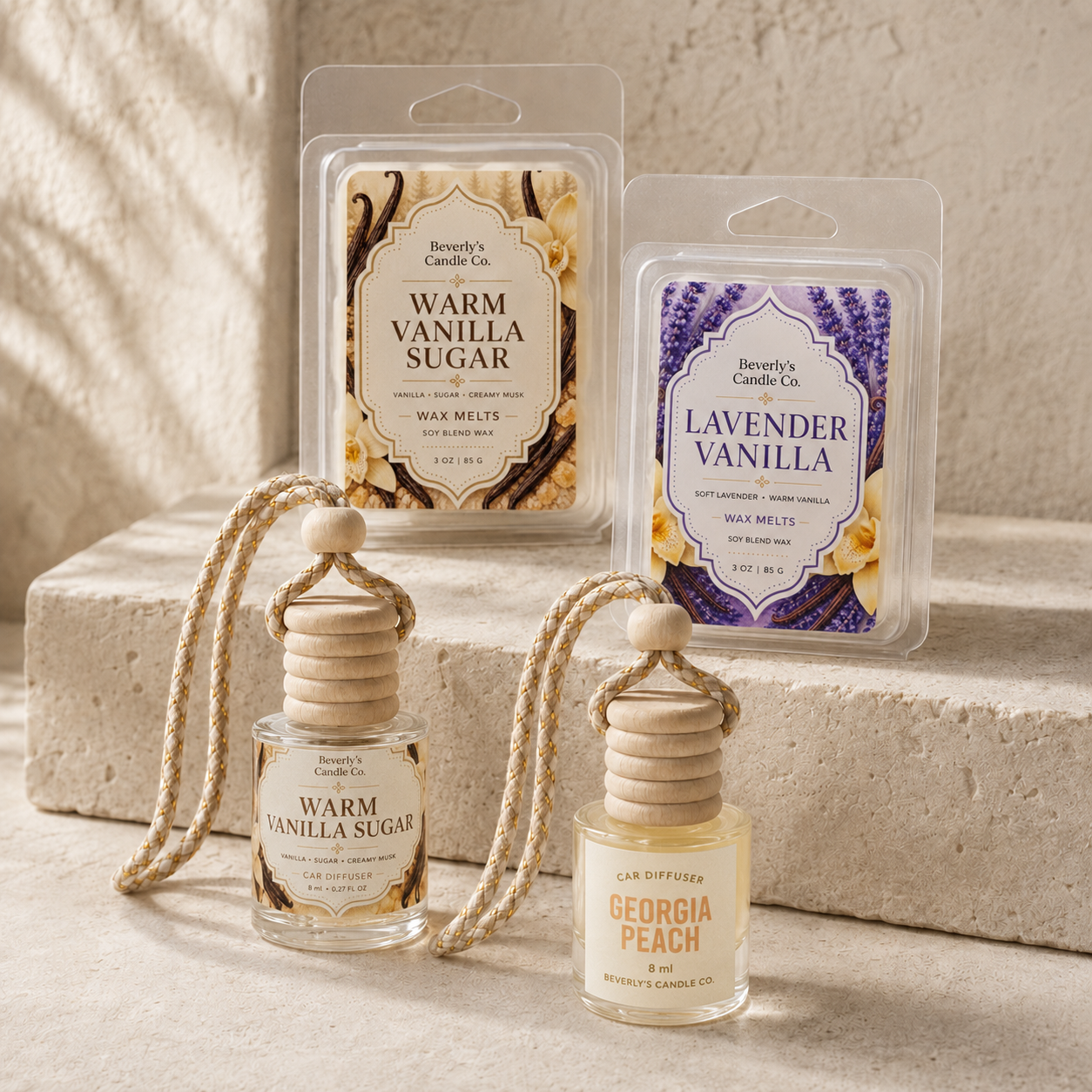 Beverly's wax melts and hanging car diffusers in Warm Vanilla Sugar, Lavender Vanilla and Georgia Peach.