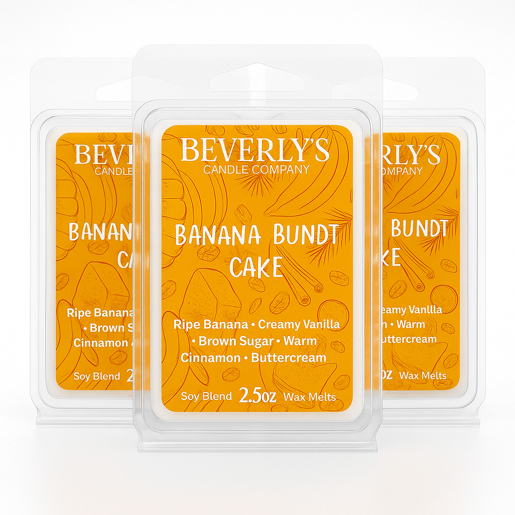 Three packages of Beverly's Candle Company Banana Bundt Cake wax melts on a white background

