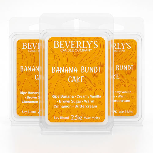 Three packages of Beverly's Candle Company Banana Bundt Cake wax melts on a white background

