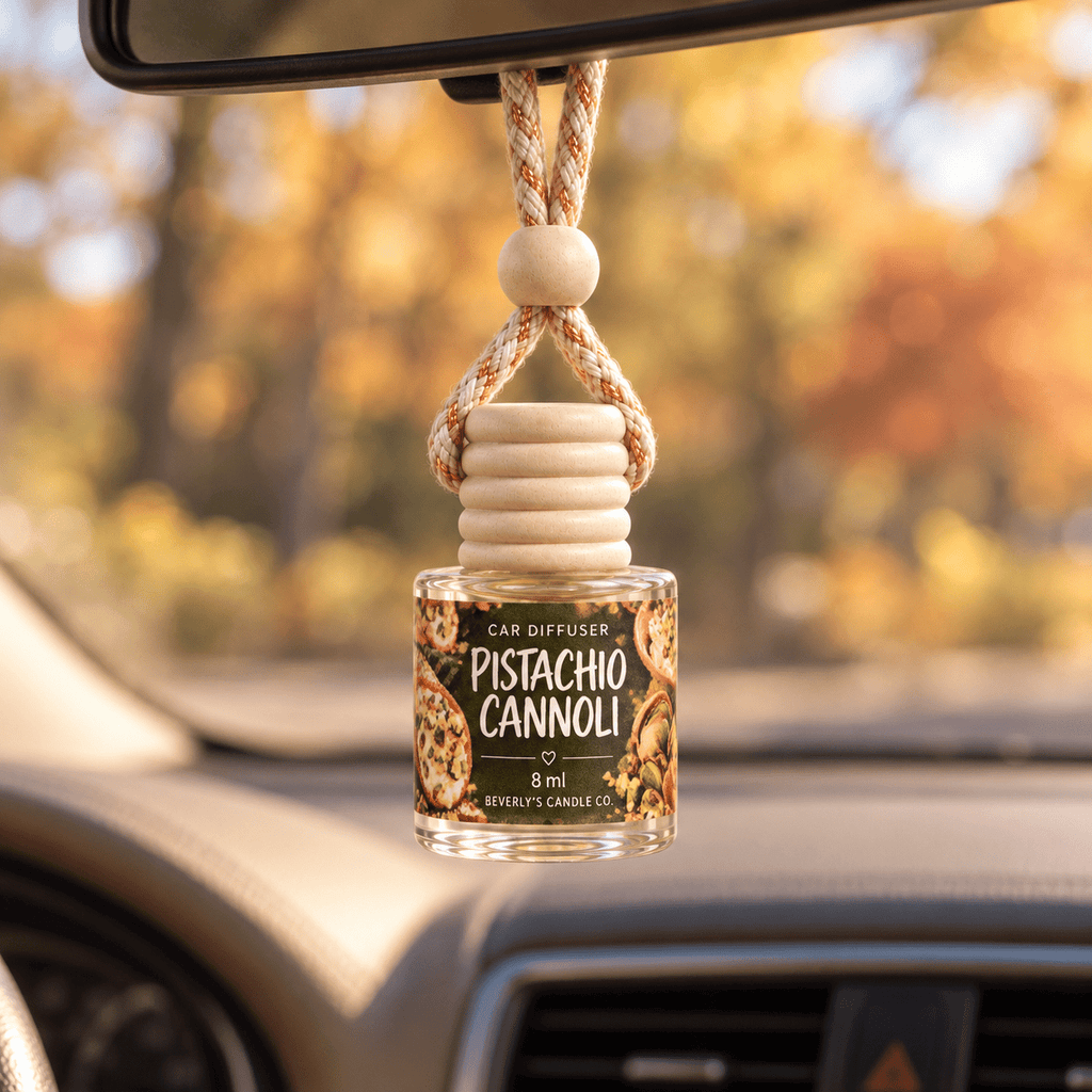 Pistachio Cannoli 8 ml diffuser hanging in a car with an autumn foliage backdrop