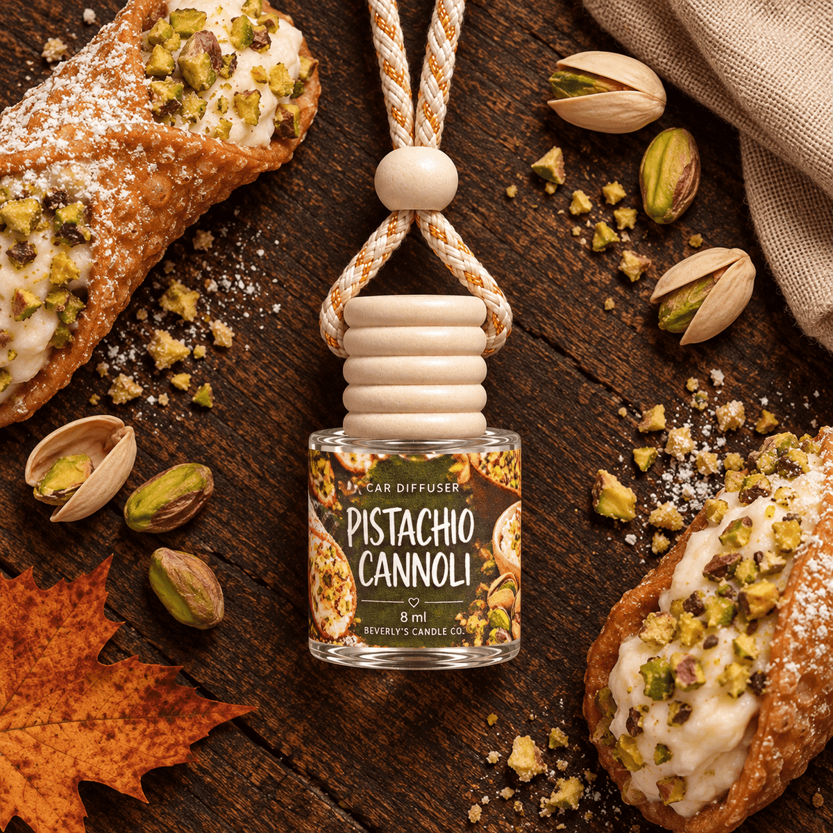 Pistachio Cannoli car diffuser with cannoli pastries and pistachios on rustic wood