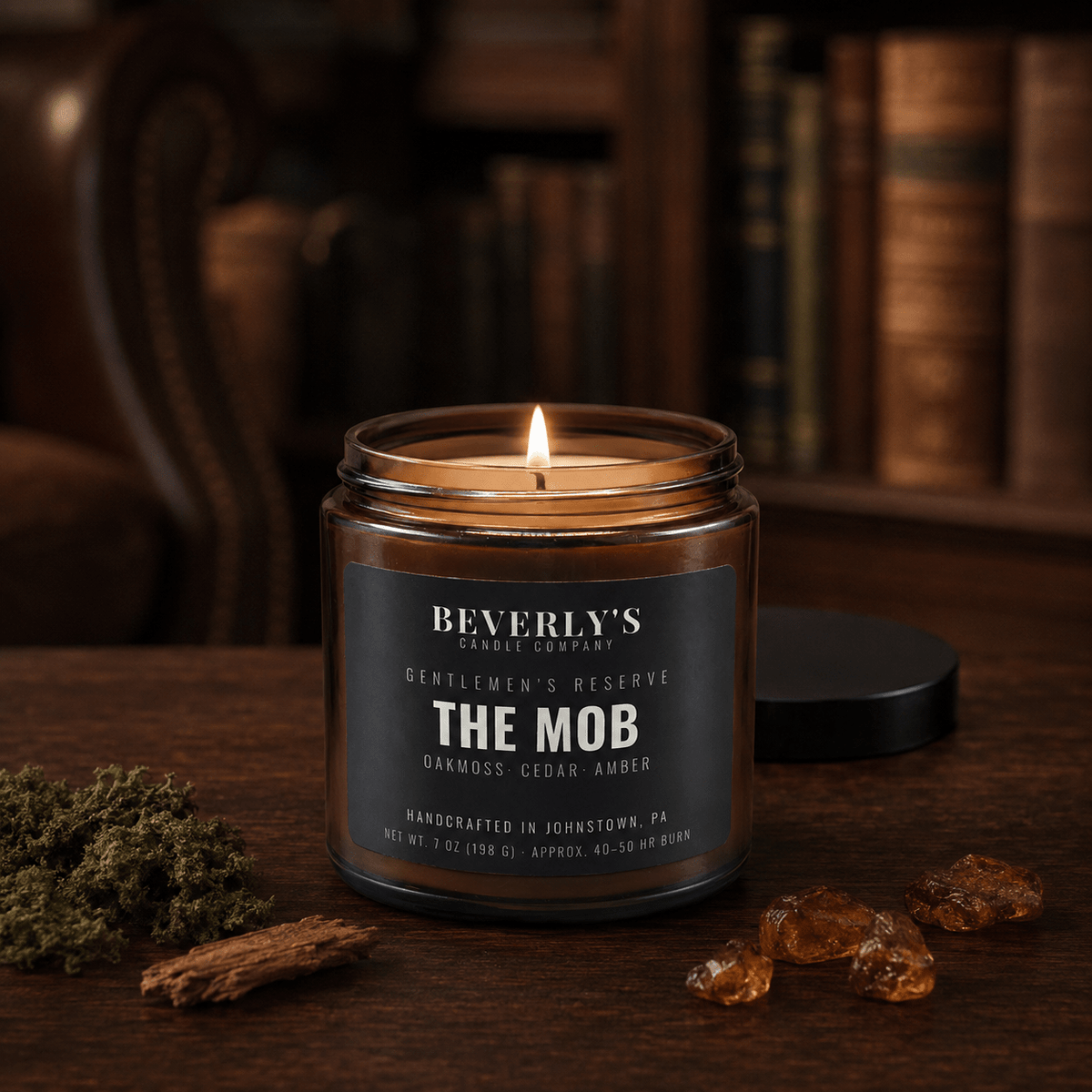 The Mob Men's Candle Earthy Woods, Citrus & Amber Scent by Beverly's Candle Company