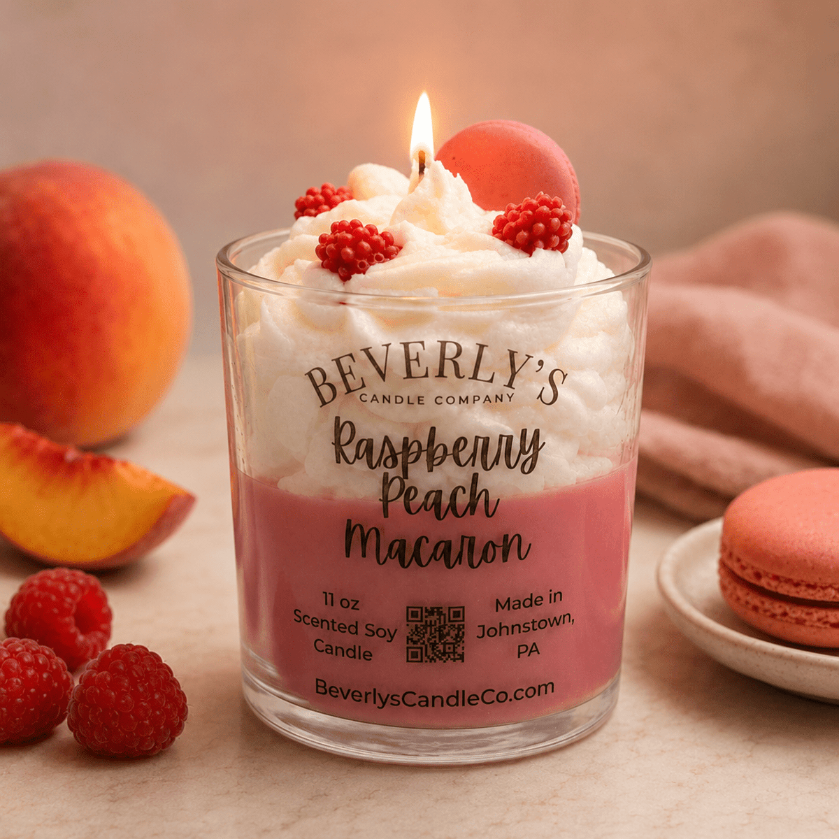 Raspberry Peach Macaron 11 oz Gourmet Dessert Soy Candle by Beverly's Candle Company