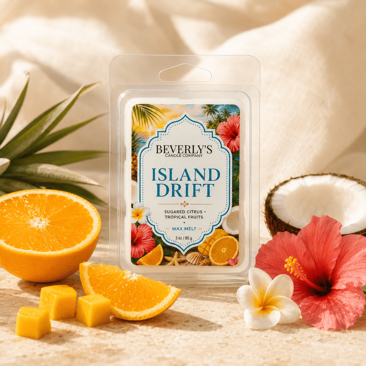 Island Drift Wax Melts 3oz Clamshell | Tropical Citrus & Driftwood by Beverly's Candle Company