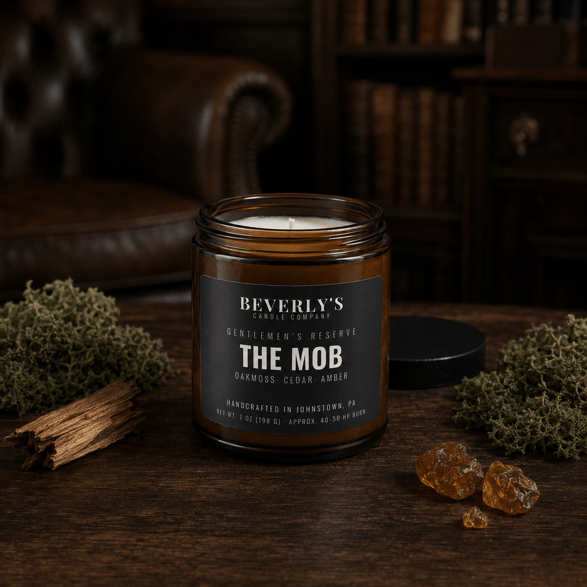 The Mob Men's Candle Earthy Woods, Citrus & Amber Scent by Beverly's Candle Company