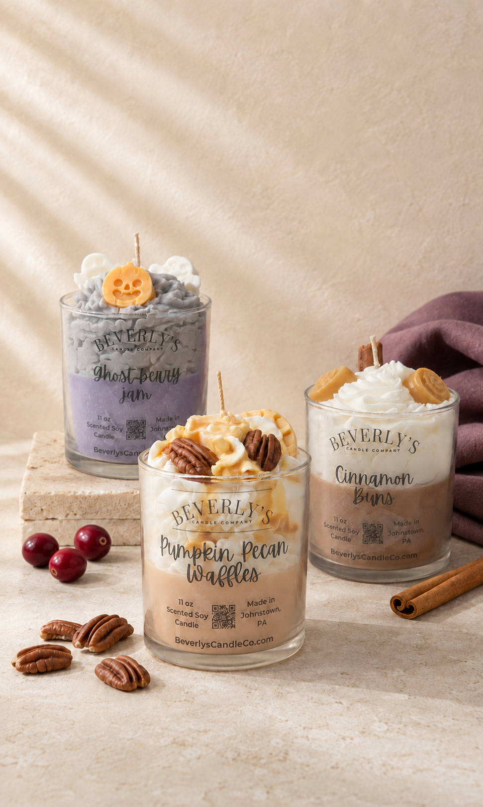 Pumpkin Pecan Waffles, Cinnamon Buns and Ghost Berry Jam dessert candles from Beverly's Candle Company