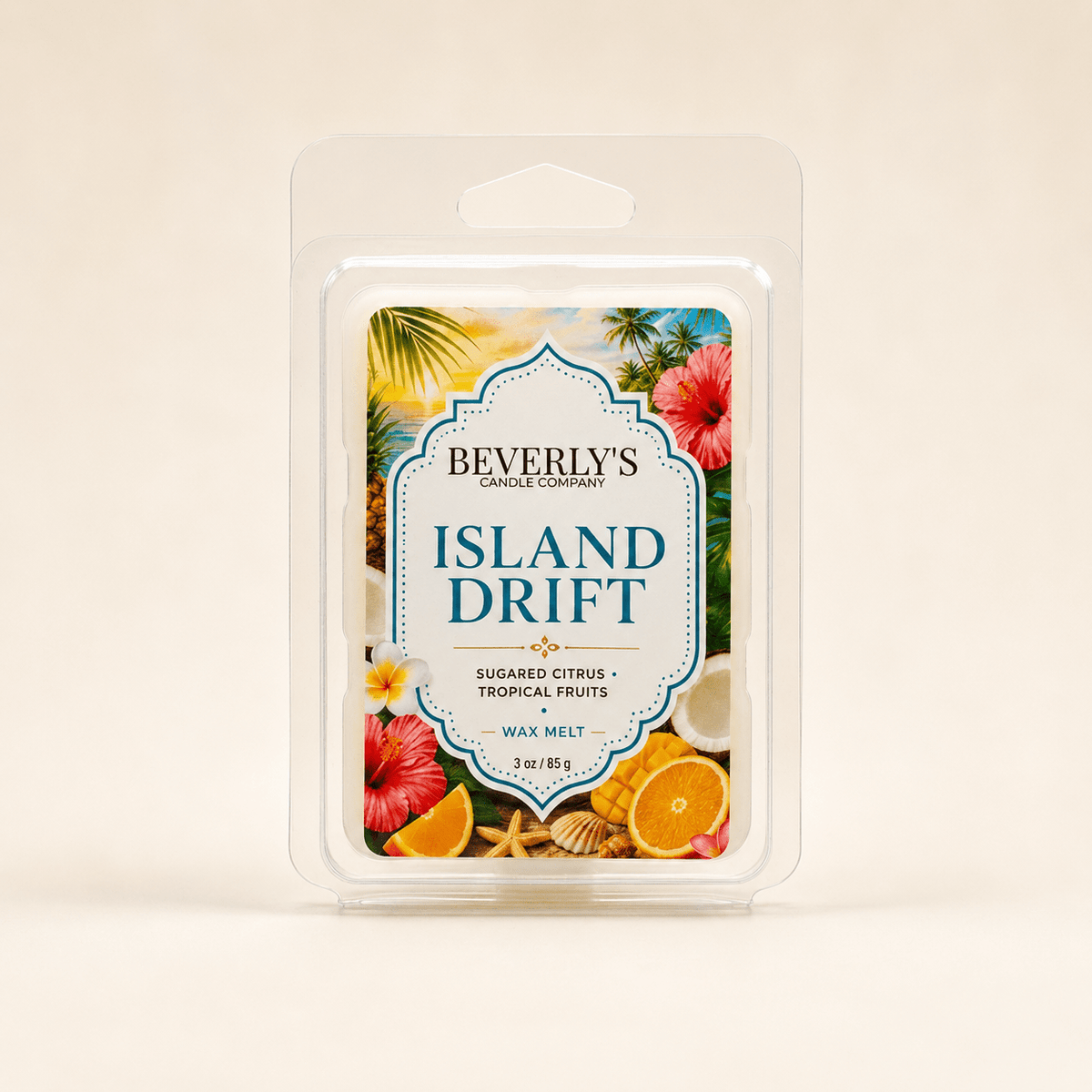 Island Drift Wax Melts 3oz Clamshell | Tropical Citrus & Driftwood by Beverly's Candle Company