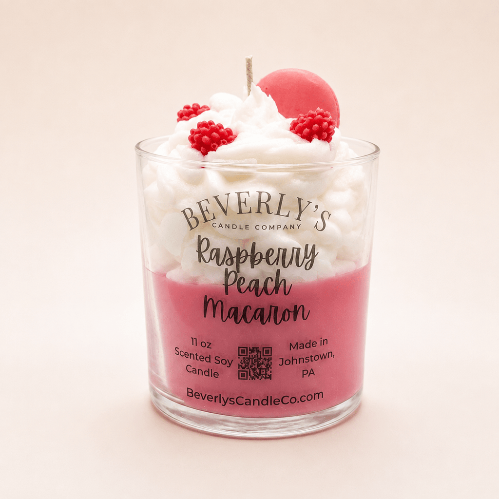 Raspberry Peach Macaron 11 oz Gourmet Dessert Soy Candle by Beverly's Candle Company