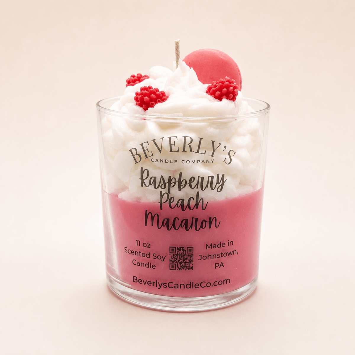 Raspberry Peach Macaron 11 oz Gourmet Dessert Soy Candle by Beverly's Candle Company