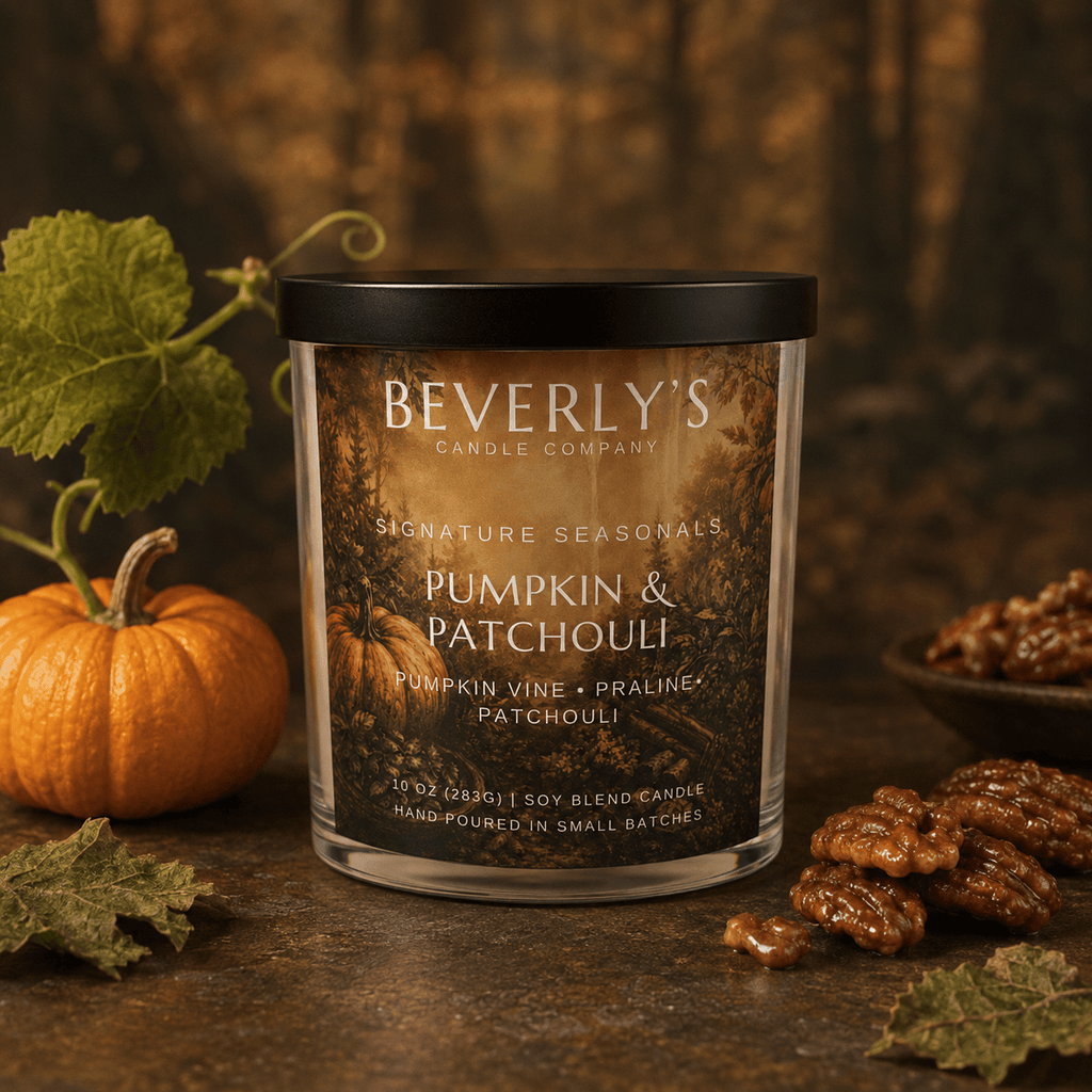 Pumpkin & Patchouli Candle Roasted Pumpkin, Warm Spice & Earthy Patchouli Scent | 10oz by Beverly's Candle Company