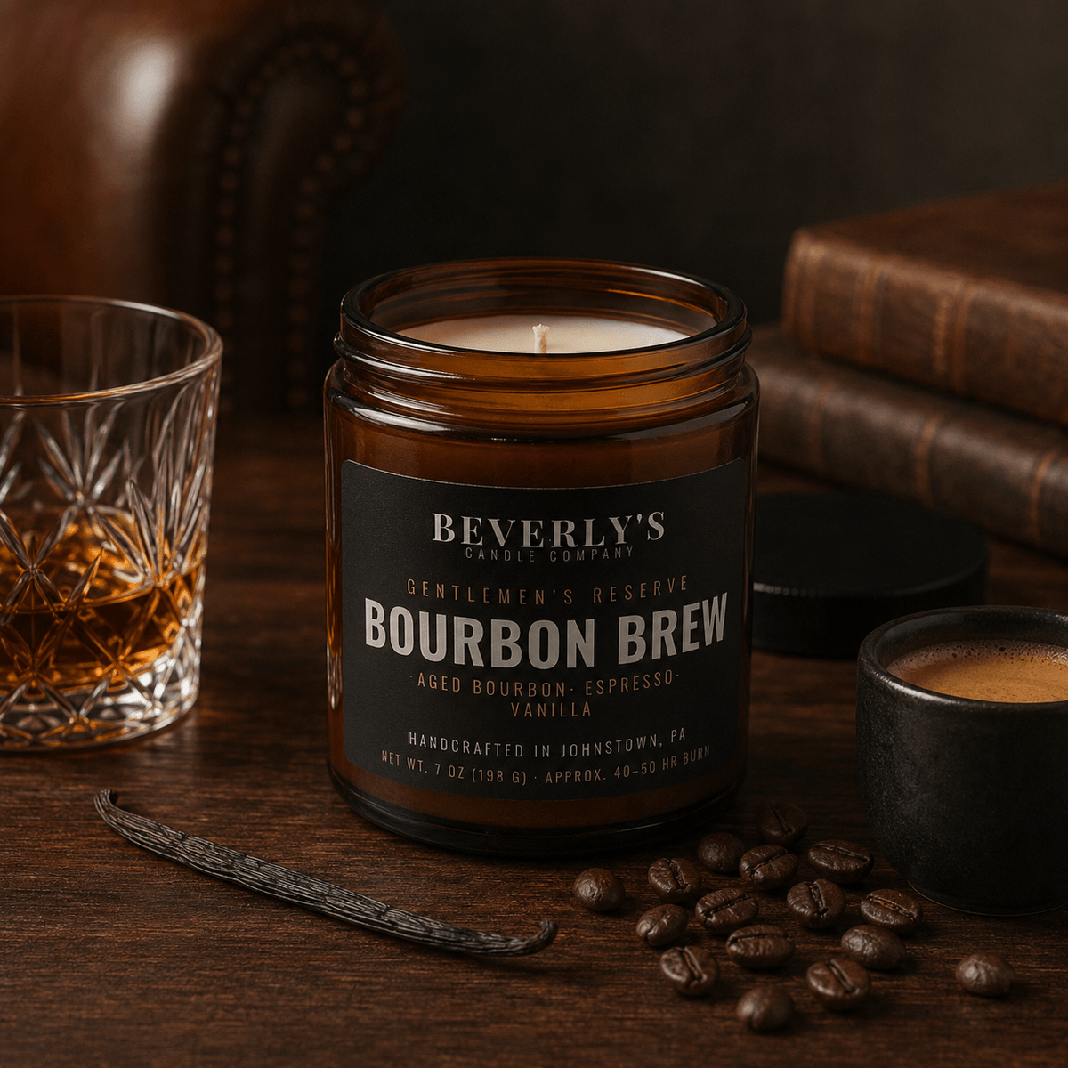 Bourbon Brew Coffee Candle for Men Bold Bourbon & Espresso Scent by Beverly's Candle Company