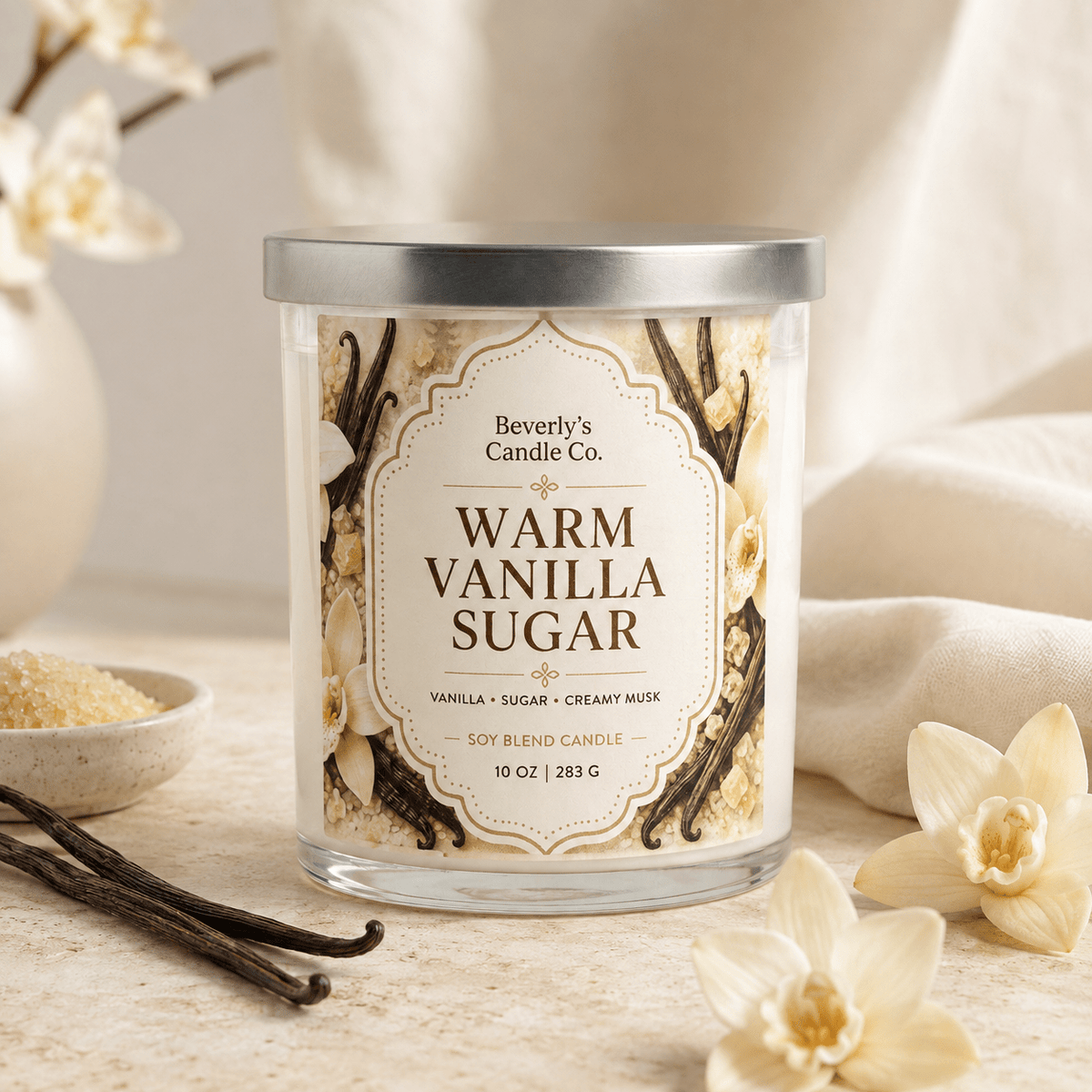 Warm Vanilla Sugar Candle Creamy Vanilla & Sugared Spice Scent | 10oz by Beverly's Candle Company