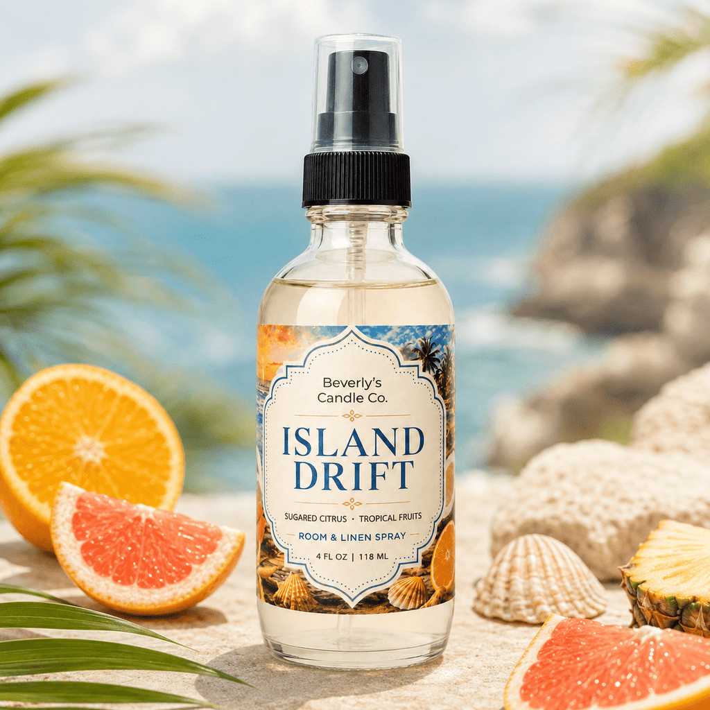 Island Drift Room and Linen Spray Tropical Fruit, Florals & Driftwood Scent | 4oz by Beverly's Candle Company