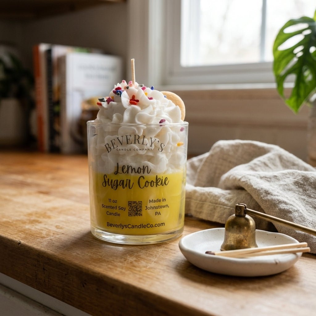 Lemon Sugar Cookie 11oz Dessert Candle lifestyle shot showing bakery aroma by Beverly's Candle Company