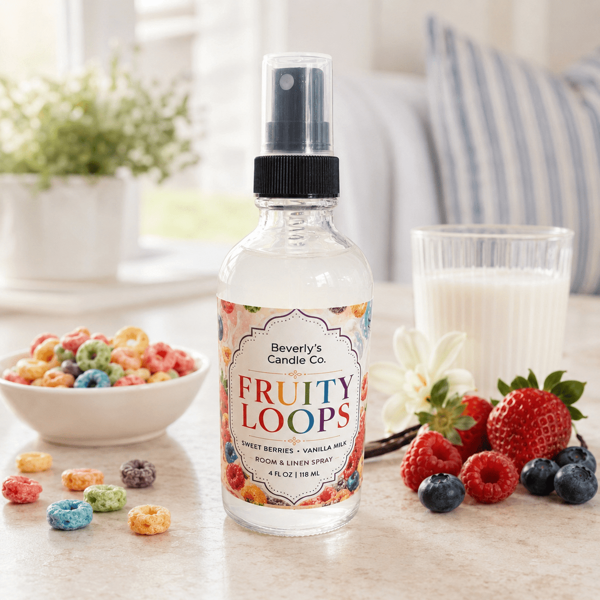 Fruity Loops Room and Linen Spray Citrus, Berry & Vanilla Milk Scent | 4oz by Beverly's Candle Company