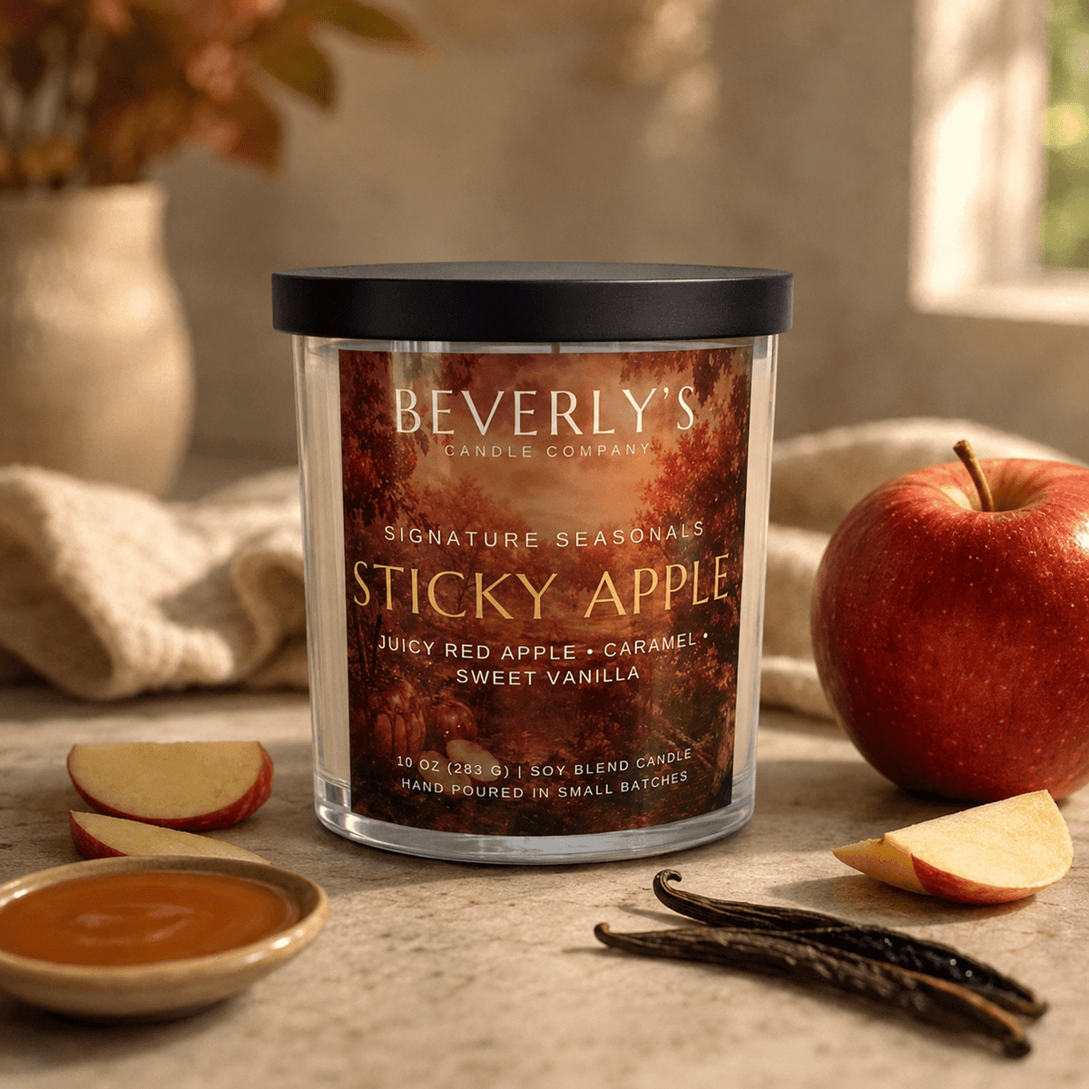 Sticky Apple Candle Caramel Apple, Vanilla & Brown Sugar | 10oz by Beverly's Candle Company